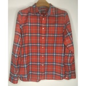 LL Bean Signature Mens orange Blue Plaid Button Down Shirt Slimmest Fit Size L